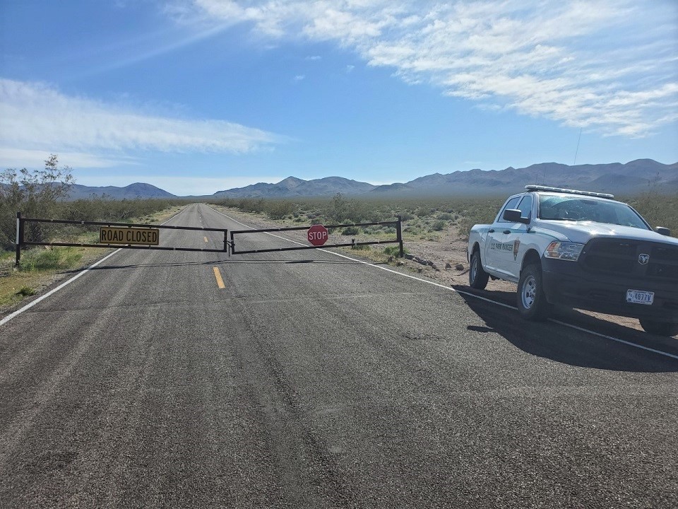 thumbnail_Road closed with truck 960 (2) Closed gate with a ranger patrol truck