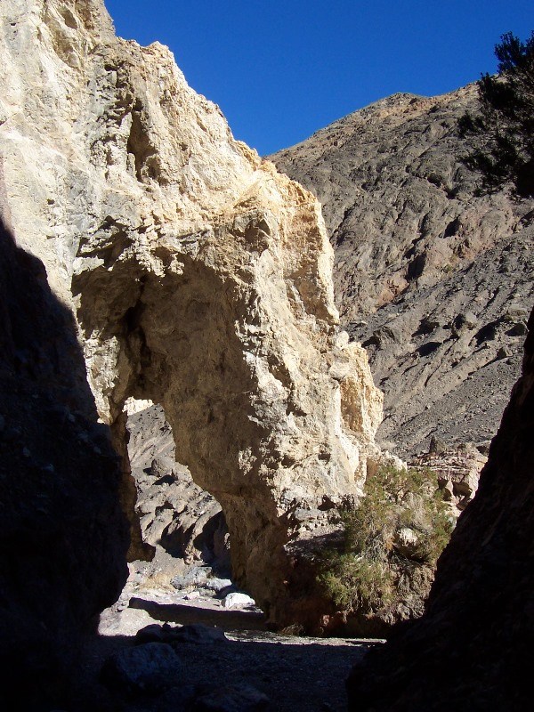 A natural bridge extends from a canyon wall to the floor of the canyon.