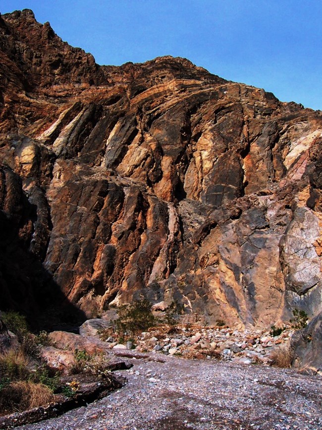 Folded layers of the orange and black Bonanza King formation curve 90 degrees down the canyon wall