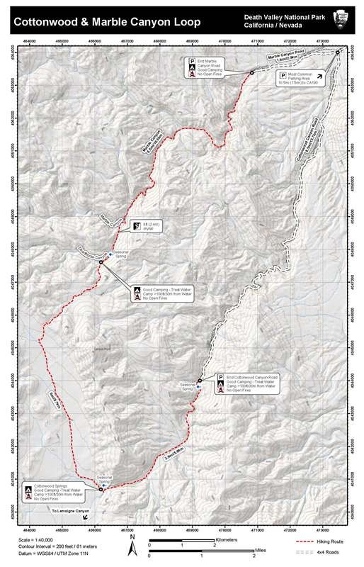 Image of topographic map used to hike Cottonwood and Marble Canyons as a loop.