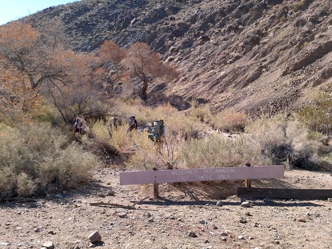 Hikers reach the end of a road where a wooden barrier reads "Wilderness Reclamation, Foot Traffic Only"