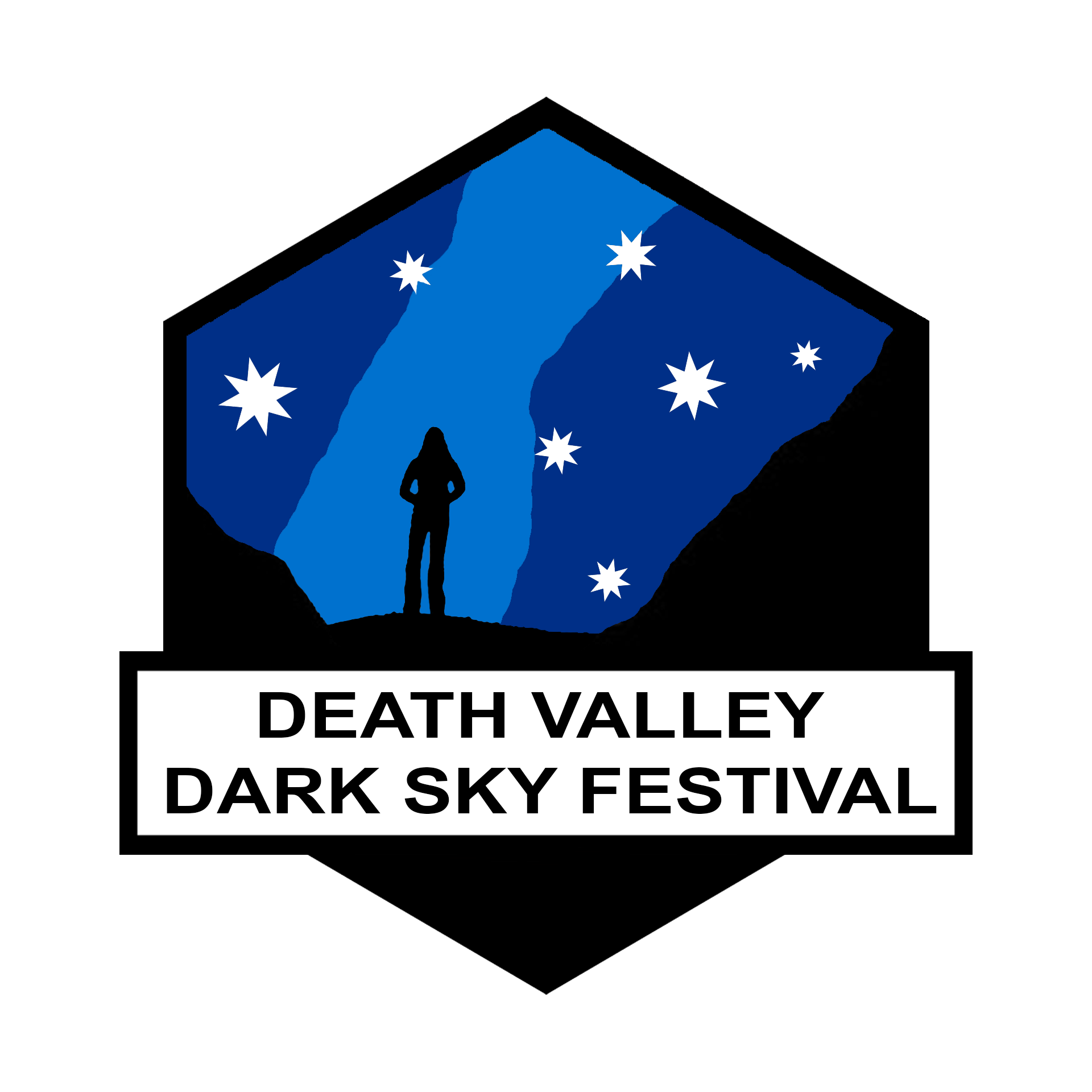 A blue and black logo of a woman's silhouette with the Milky Way in the background