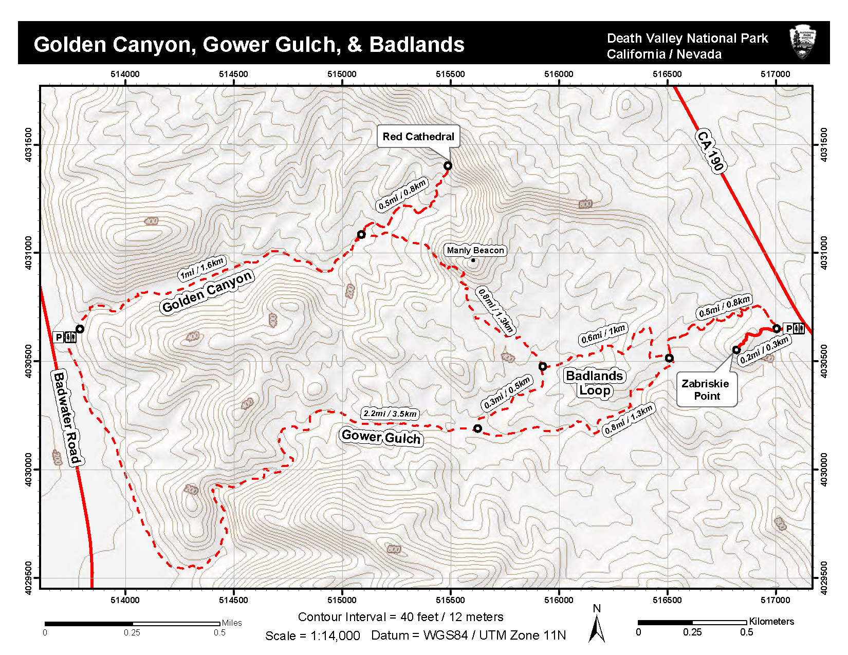 A topographic map showing popular routes in the Golden Canyon area