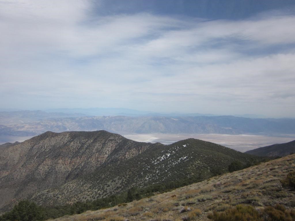 A forested ridge leads out to a desert valley with mountains in the distance.