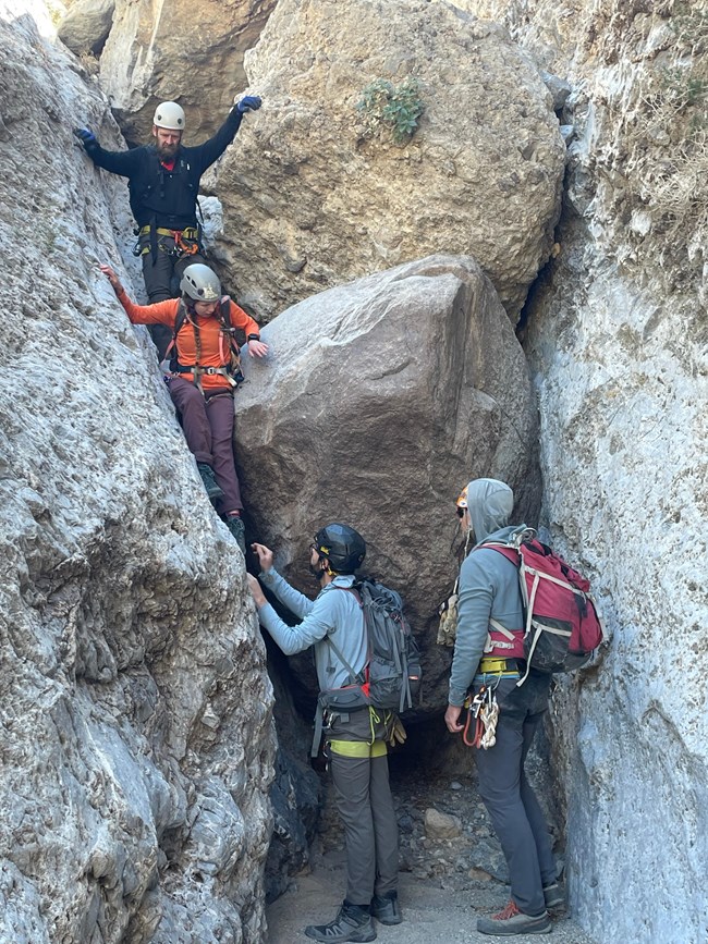 Two people stand on the ground while two others climb down between a gray boulder and the gray canyon wall.