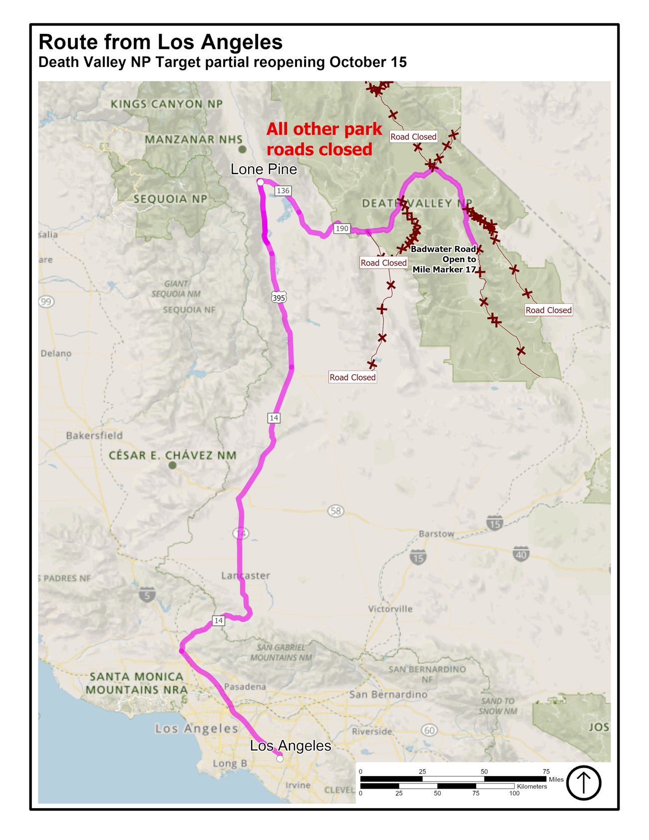 A map titled Route from Los Angeles, Death Valley NP Target partial reopening October 15. This map has a highlighted pink route from Los Angeles using CA Highway 14 to US HWY 395 to Lone Pine, CA. From there the route continues west on CA HWY 136.