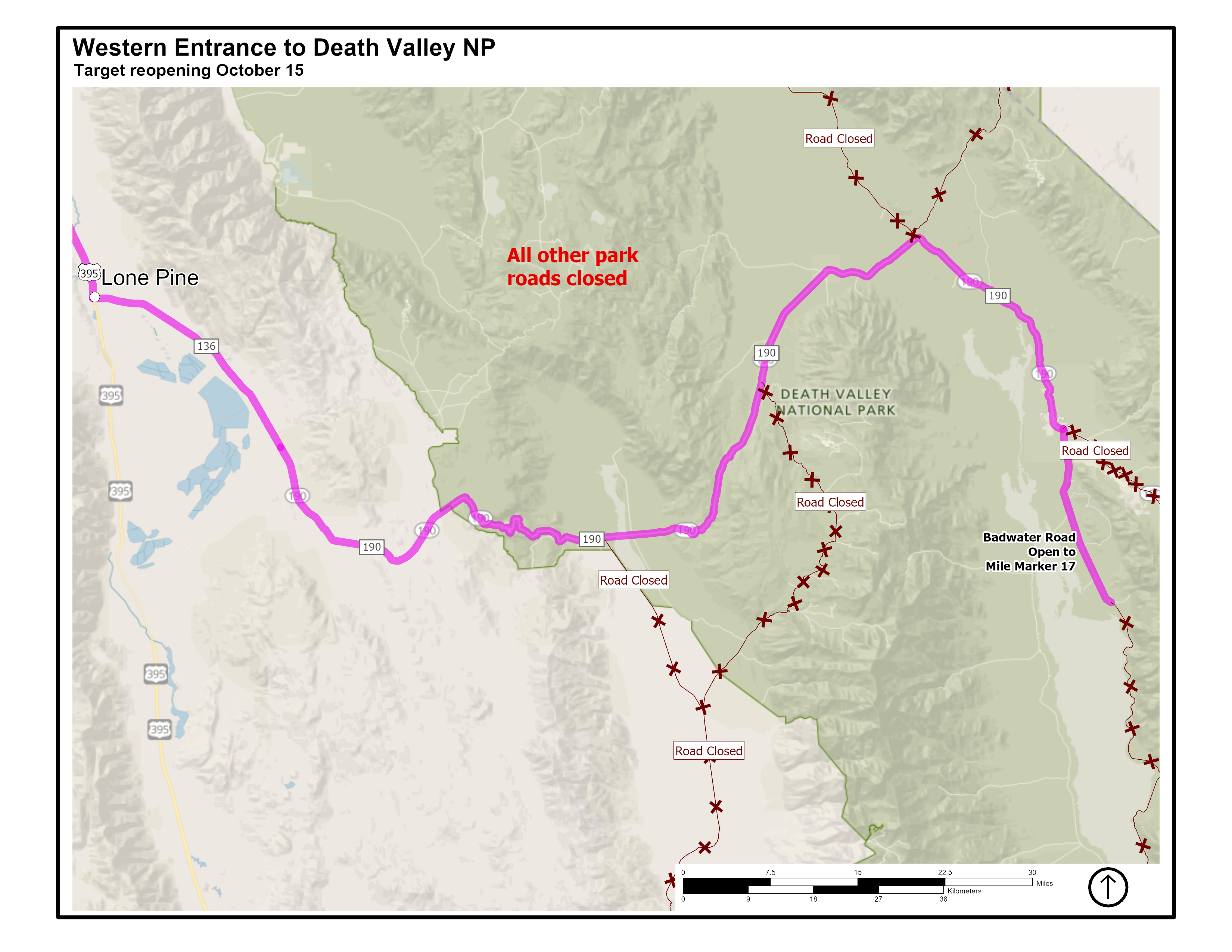 A map highlighting the west entrance into Death Valley via Lone Pine from HWY 395 to HWY 136 to HWY 190.