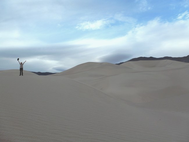 An excited hiker stands atop a sand dune with hands raised in celebration.