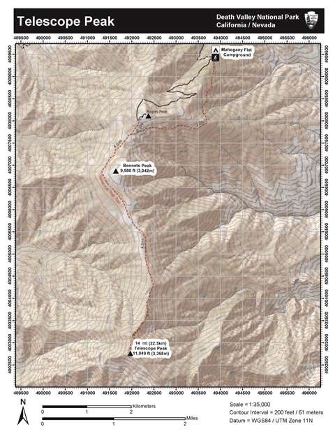 Telescope Peak Topographic Map Image of a topographic map to Telescope Peak.