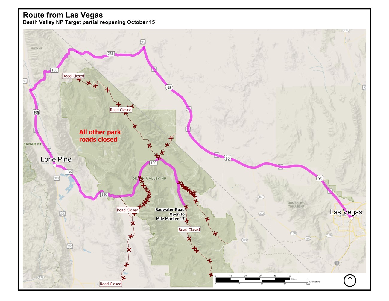 A map titled Route from Las Vegas, Death Valley NP Target partial reopening October 15. This map has a highlighted pink route from Las Vegas that leads north on highway 95 to highway 266 west to highway 168, then south on highway 395 to Lone Pine, CA.