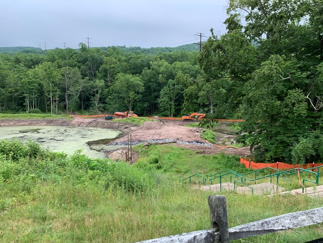 A set of stairs leading to a construction site surrounded by tall grass and trees. This construction site is a soon to be restored wetland.