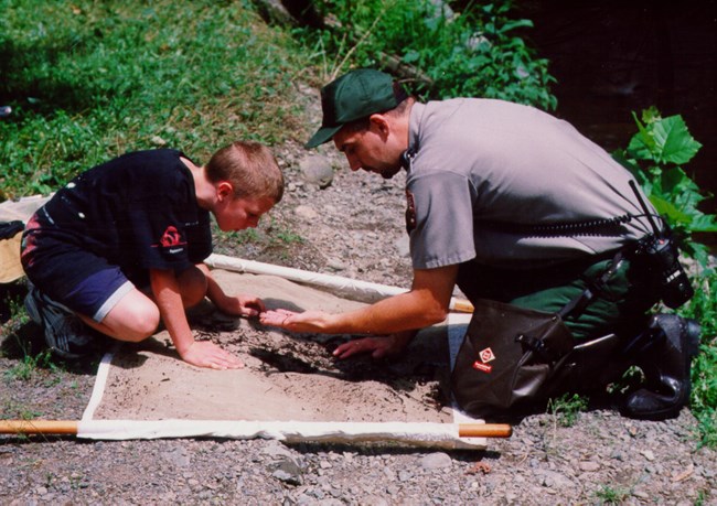 A ranger and a student looking at insects on a dirt trail.