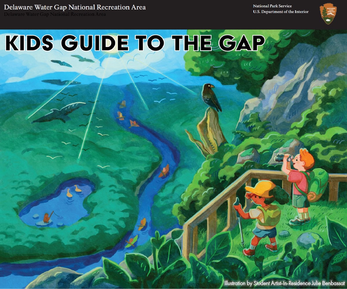 Image of the cover of our park kids guide. The image shows kids at an overlook, looking down on the Delaware river