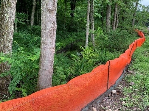 An orange construction fence and trees on the far side of the fence.