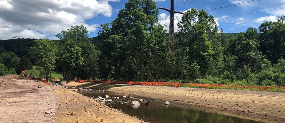 A stream running through the center of the photo. The streambank is covered in an erosion controlling mat while native plants begin to grow. Trees and a powerline are in the background.
