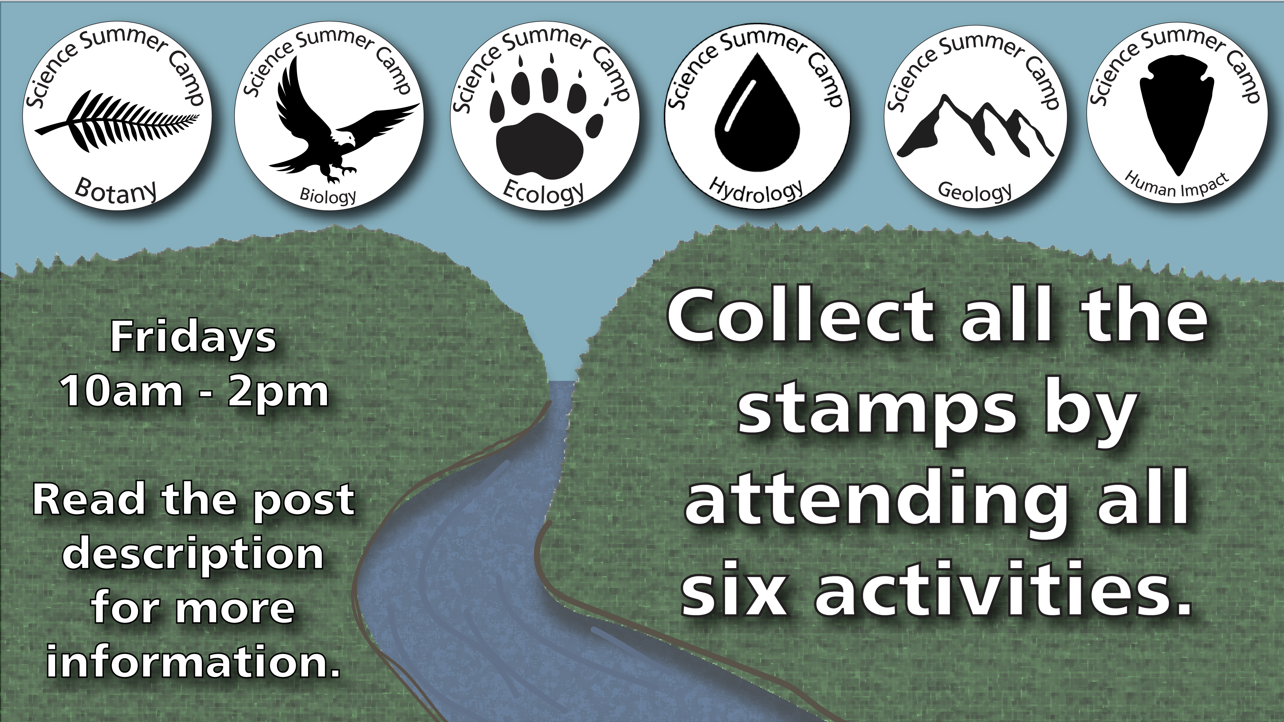 Science Summer Camp Stamps A graphic of the Delaware Water Gap with the Science Summer Camp stamps on it.