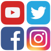YouTube logo top left, Facebook logo bottom left, Twitter logo top right, Instagram logo bottom right.