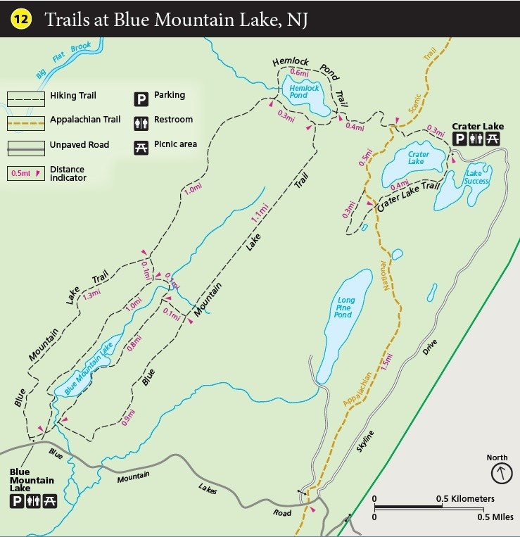 A map of the trails near Blue Mountain Lake and Crater Lake, NJ