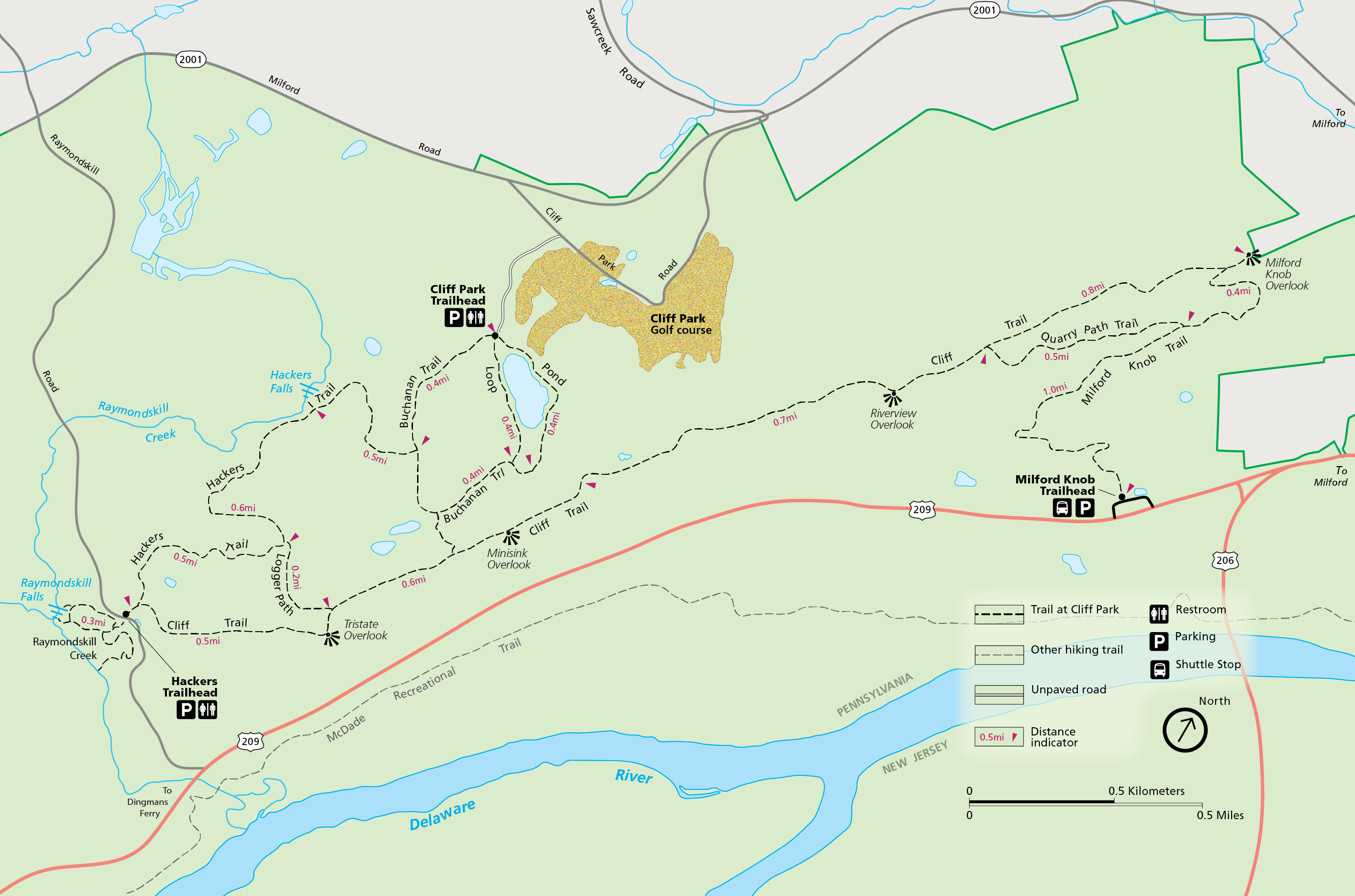 A green map of the Cliff Park trail system. Trails are represented with black dotted lines.