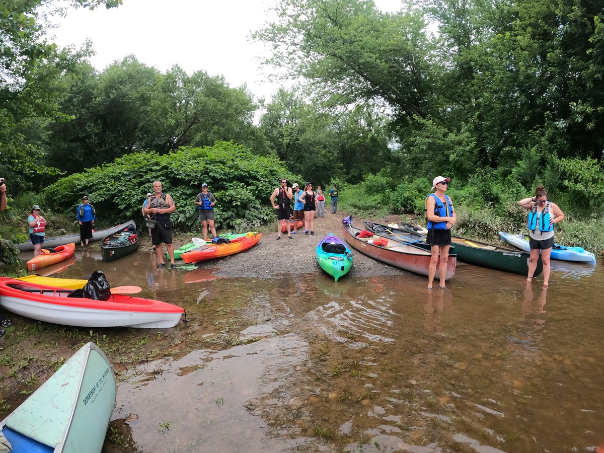 People land kayaks and canoes at Eshback Access along the Delaware river
