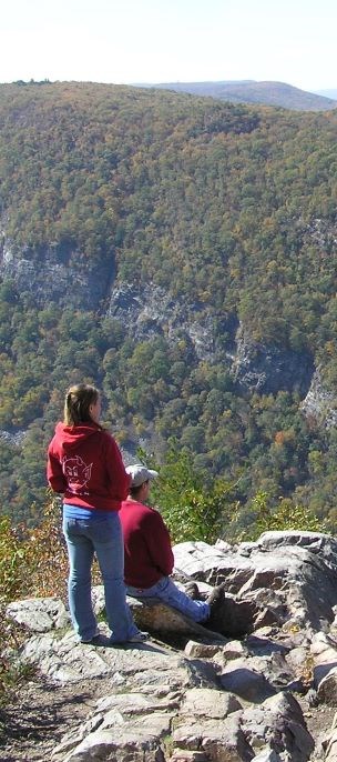 Hikers in the Gap Hikers standing on top of Mount Tammany looking at the Delaware Water Gap.