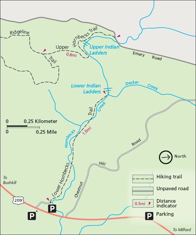Lower Hornbecks Creek Trail Map A map showing the Lower Hornbecks Creek Trail running alongside the Hornbecks Creek.