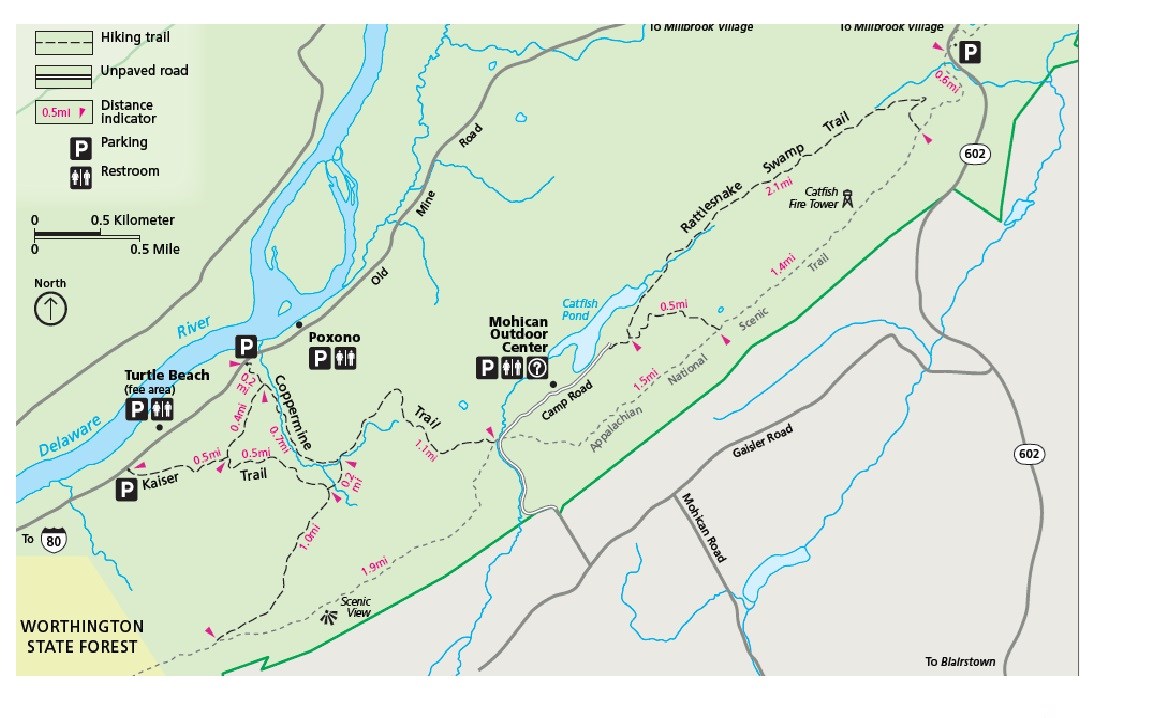 The Kaiser Trail travels along the ridge closest to the Delaware river