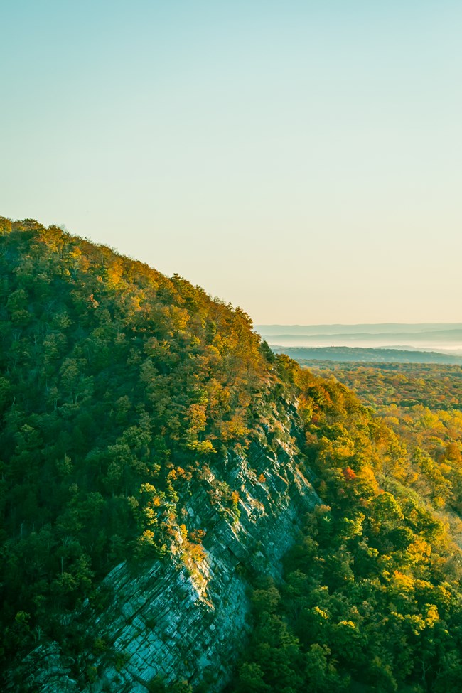 A side of Mount Tammany as seen from Pennsylvania. There is a egg shaped bubble of 'Mountain" that has a large swath of layers of sedimentary rock moving up and to the right