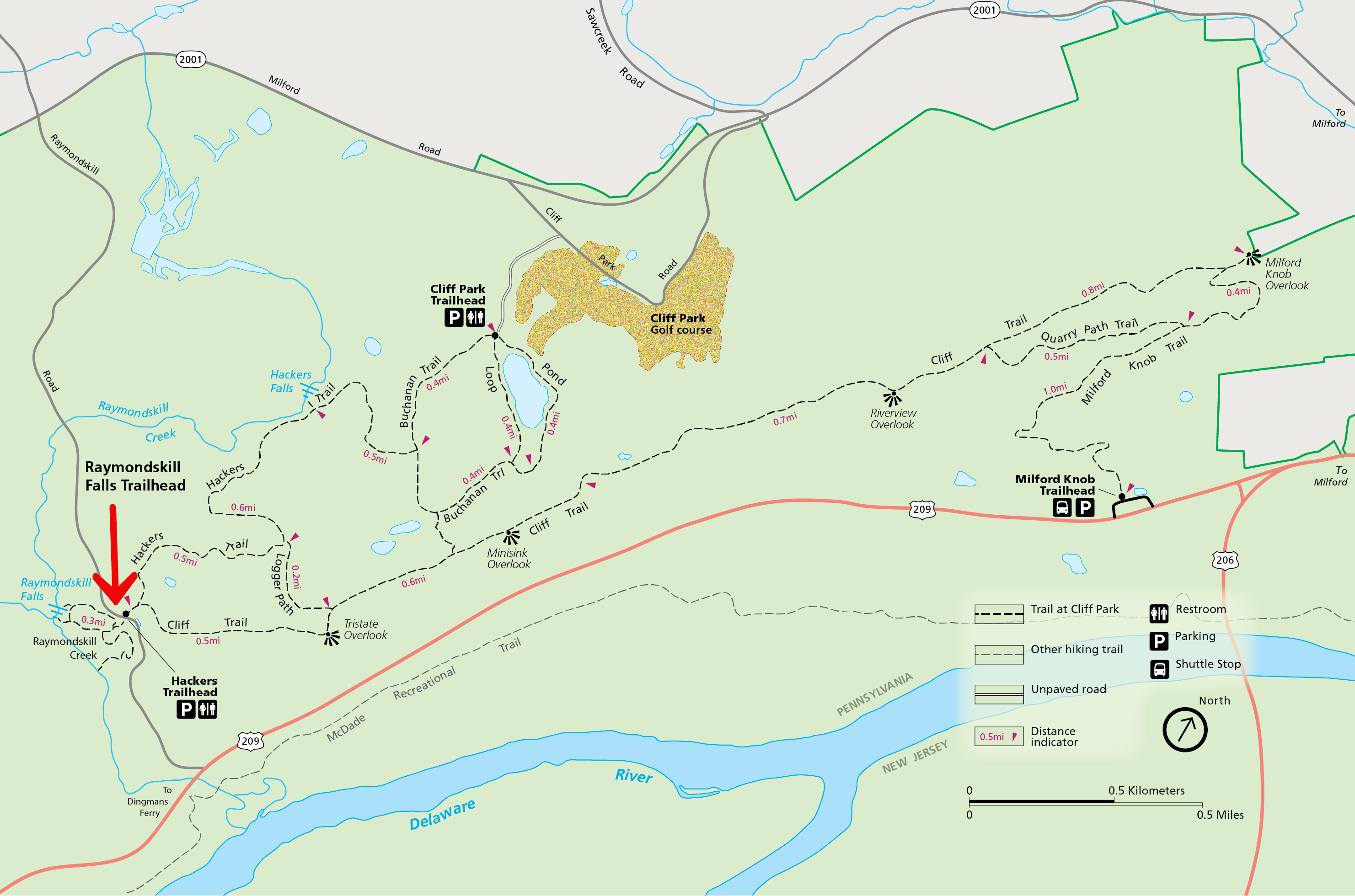 Map of the Cliff Park trail system with a large red arrow pointing to the Raymondskill Falls trailhead.