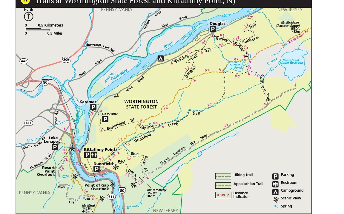 A map of the trails at Mount Tammany