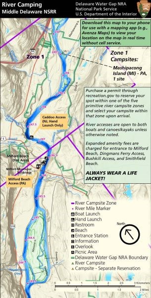 The top section of the map of the Middle Delaware River with information and locations of campsites