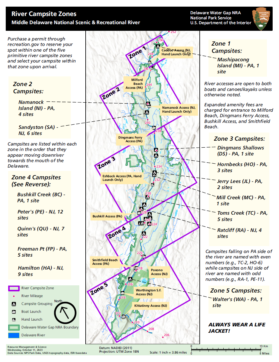 A map of the river camping areas and river zones.