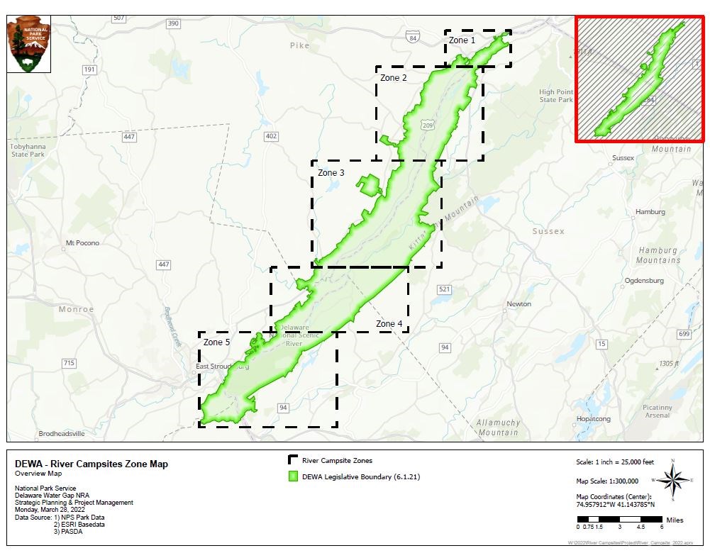 Map depicting the boundaries of Delaware Water Gap National Recreation Area. The area of the park is separated into five zones for camping.