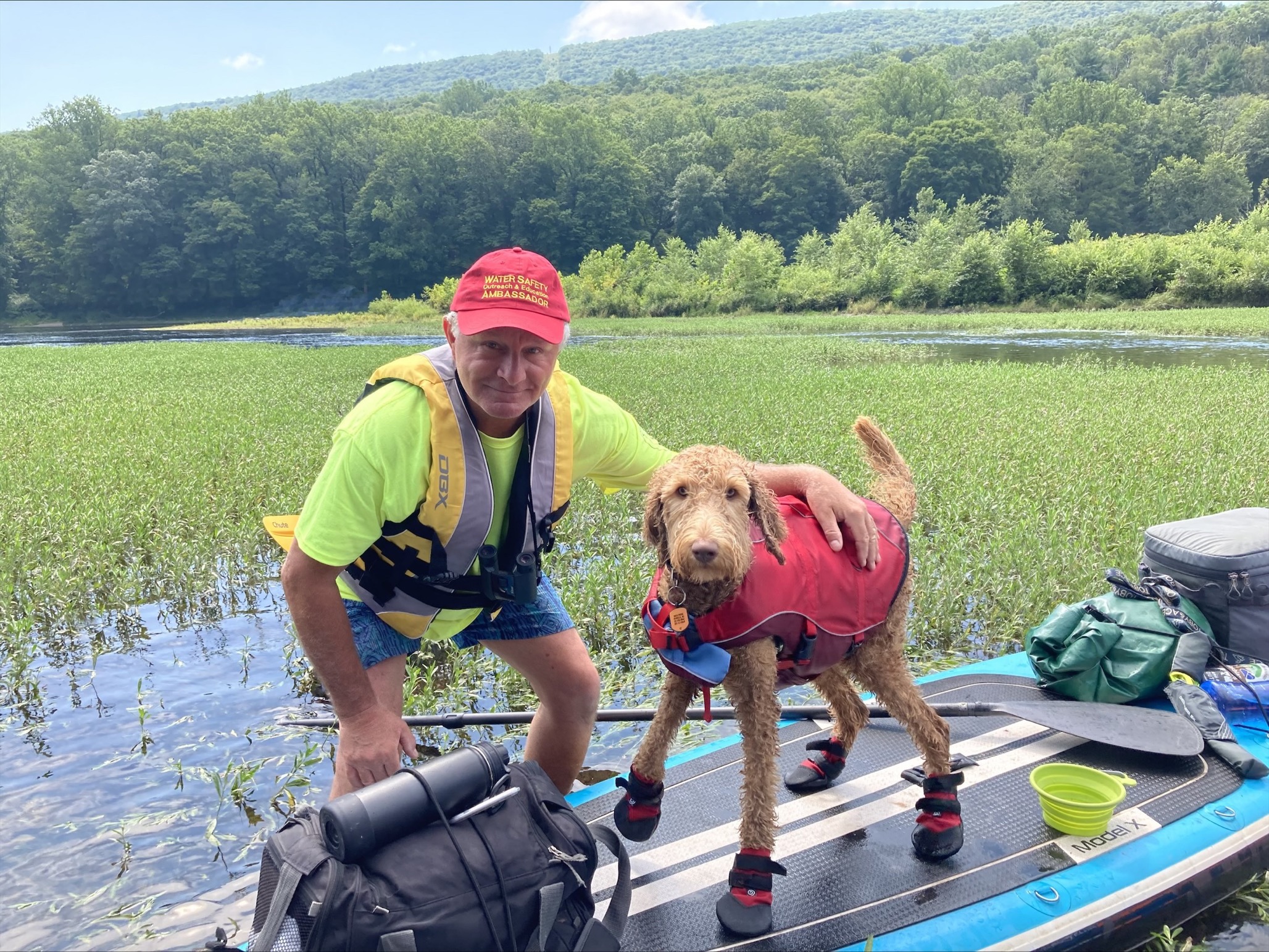 Park volunteer with a dog on a paddleboard in the Delaware river.