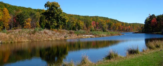 lake with trail along shore and trees in the background lake with trail along shore and trees in the background