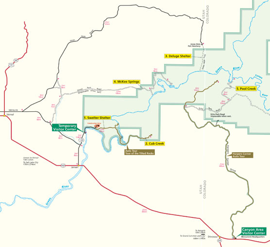 Dinosaur NM map showing locations where pictographs and petroglyphs can be seen. 