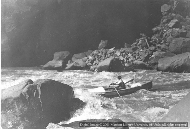 Galloway in a boat running Disaster Falls