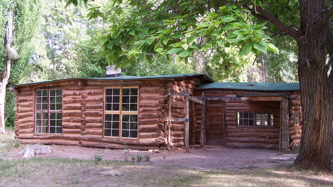 Josie Morris Cabin Cropped A log cabin with large windows and a green roof is shaded by trees.