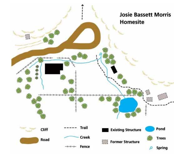 Map showing the Josie Morris cabin and surrounding buildings.