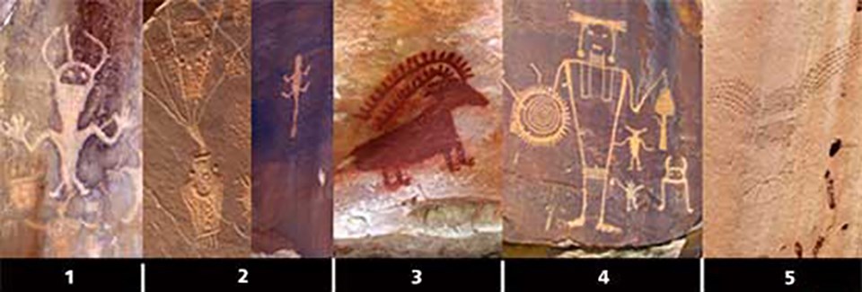 A collage of photos showing different petroglyphs and pictographs found in Dinosaur National Monument