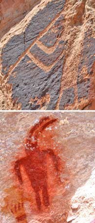 Carved pictograph in top photo; painted pictograph in bottom photo.