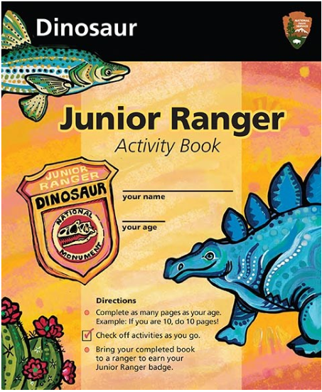 Cover image of the Dinosaur Junior Ranger Booklet, featuring colorful artwork of a stegosaurus and a fish.