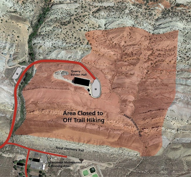 An aerial image of area around the Fossil Discovery Trail that is closed to off-trail hiking by the public.