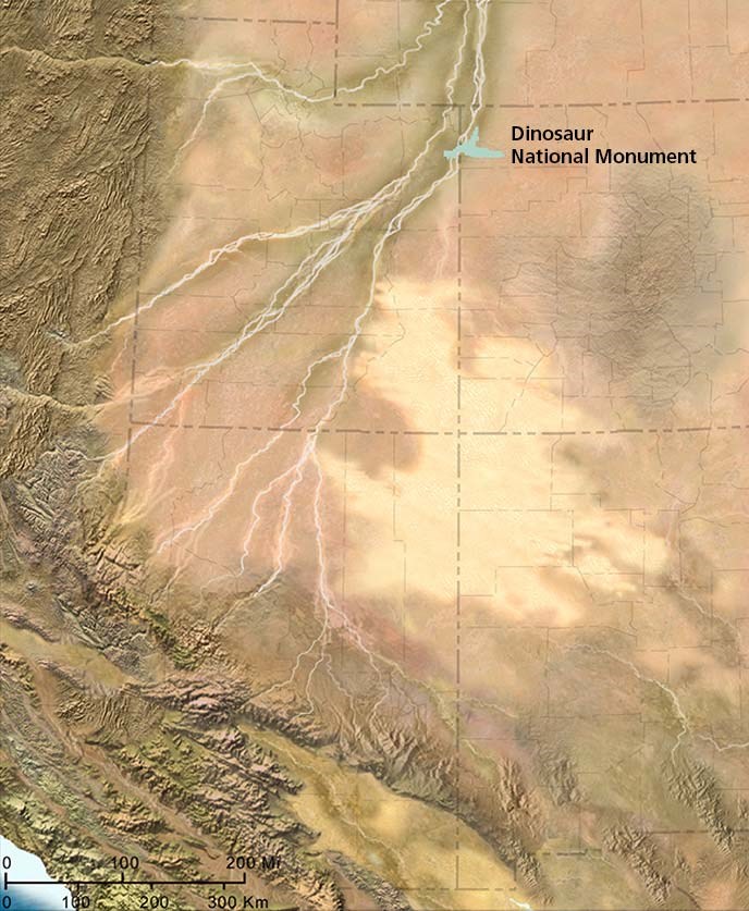 Map of Colorado Plateau 149 million years ago with Dinosaur National Monument