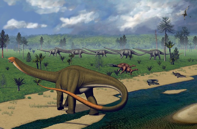 An artist's depiction of sauropods and crocodilians along the Morrison riverbed.