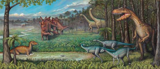Ancient landscape with various type of dinosaurs