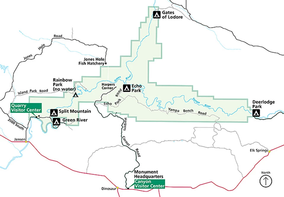Dinosaur National Monument Campgrounds Map Map showing the locations of the campgrounds within the monument.