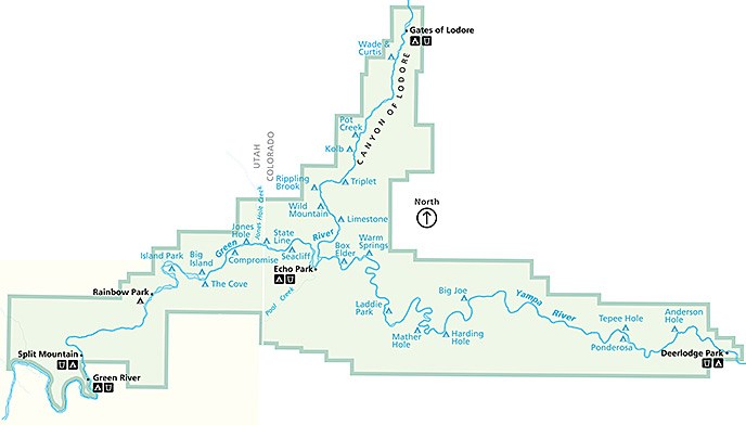Map of the river campsites in Dinosaur National Monument.