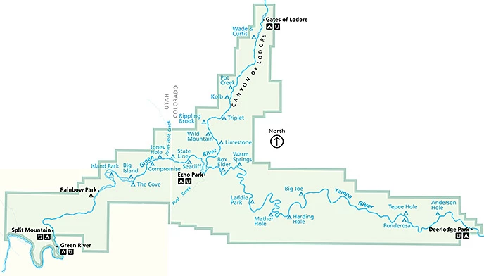 Map of the river campsites in Dinosaur National Monument.