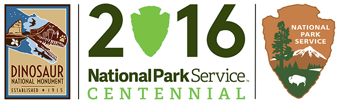 NPS Centennial logo with arrowhead and Dino 100 logo